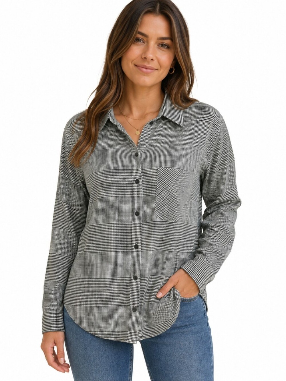LYSSE Schiffer Button Down Shirt Women Large L Black White Houndstooth Plaid